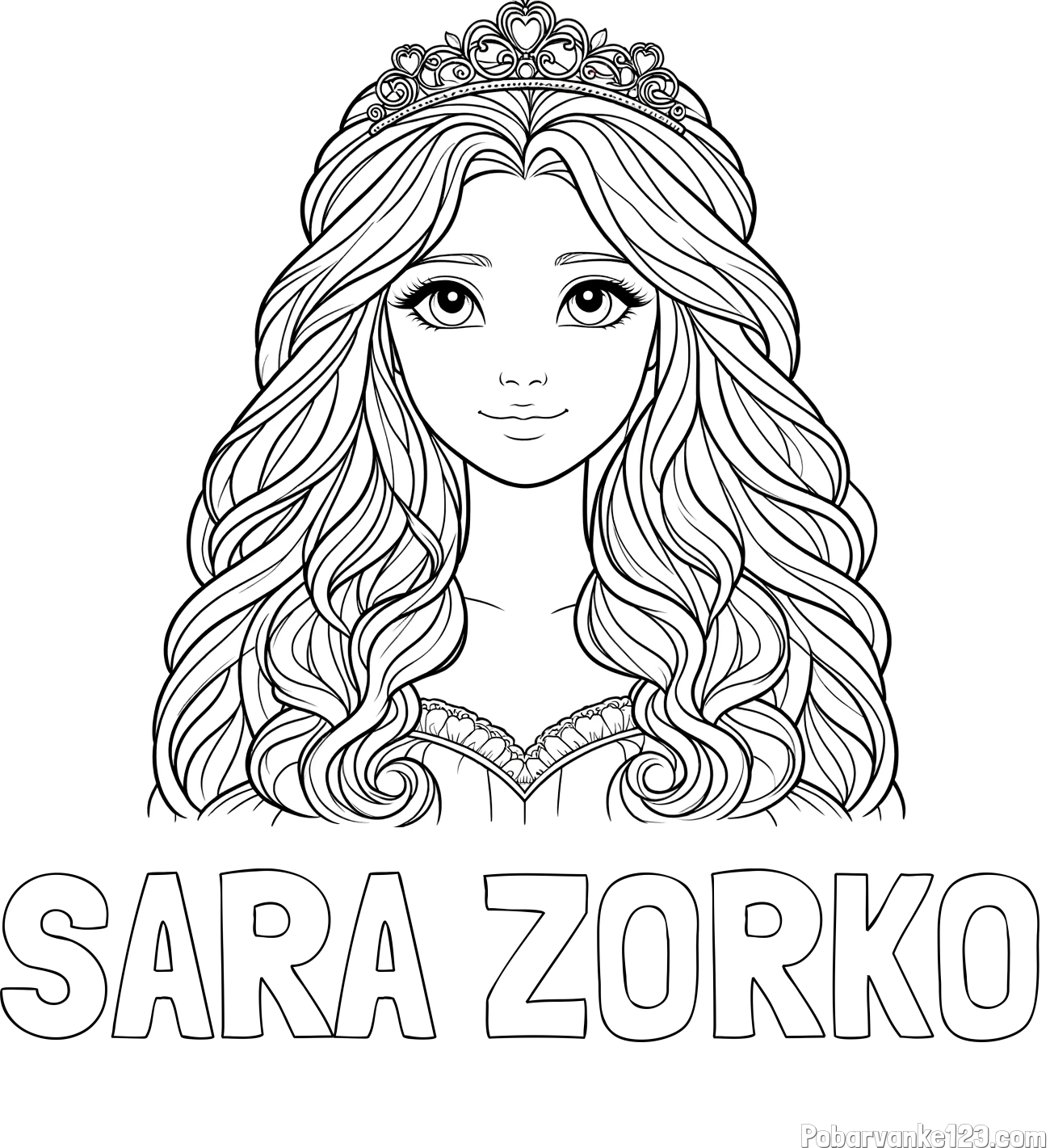 Pobarvanka imena SARA ZORKO in pobarvanka ljubke princese z bujnimi lasmi