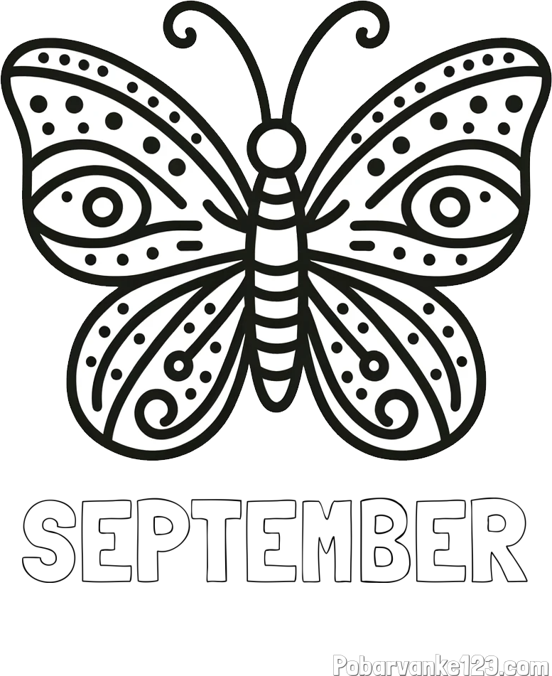 Pobarvanka imena SEPTEMBER in preprosta pobarvanka metulja