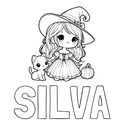 Online izdelana pobarvanka - Pobarvanka imena SILVA in pobarvanka ljubke čarovnice, muce in buče