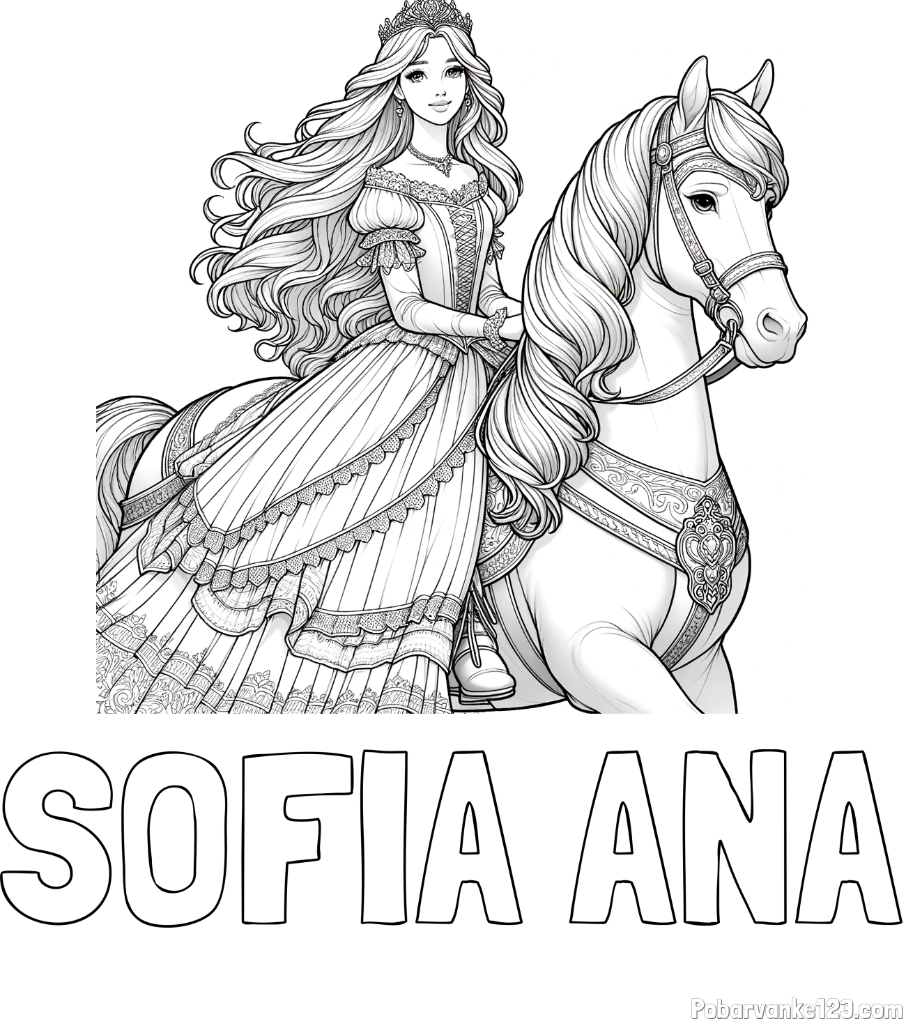 Pobarvanka imena SOFIA ANA in pobarvanka nasmejana princese na konju