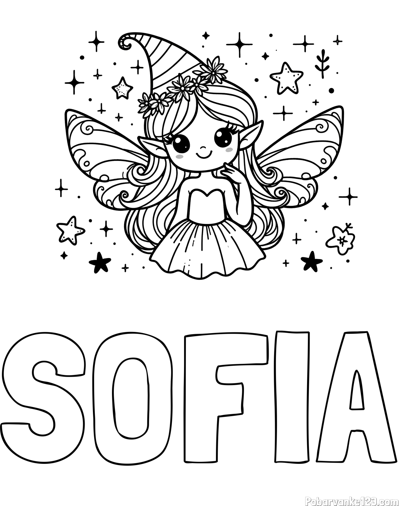 Pobarvanka imena SOFIA in pobarvanka ljubke in nasmejane vile