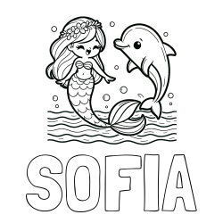 Online izdelana pobarvanka - Pobarvanka imena SOFIA in pobarvanka ljubke morske deklice, ki pleše z delfinom