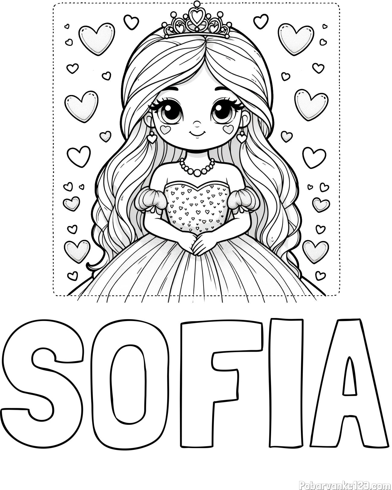 Pobarvanka imena SOFIA in pobarvanka ljubke princese obdane s srčki