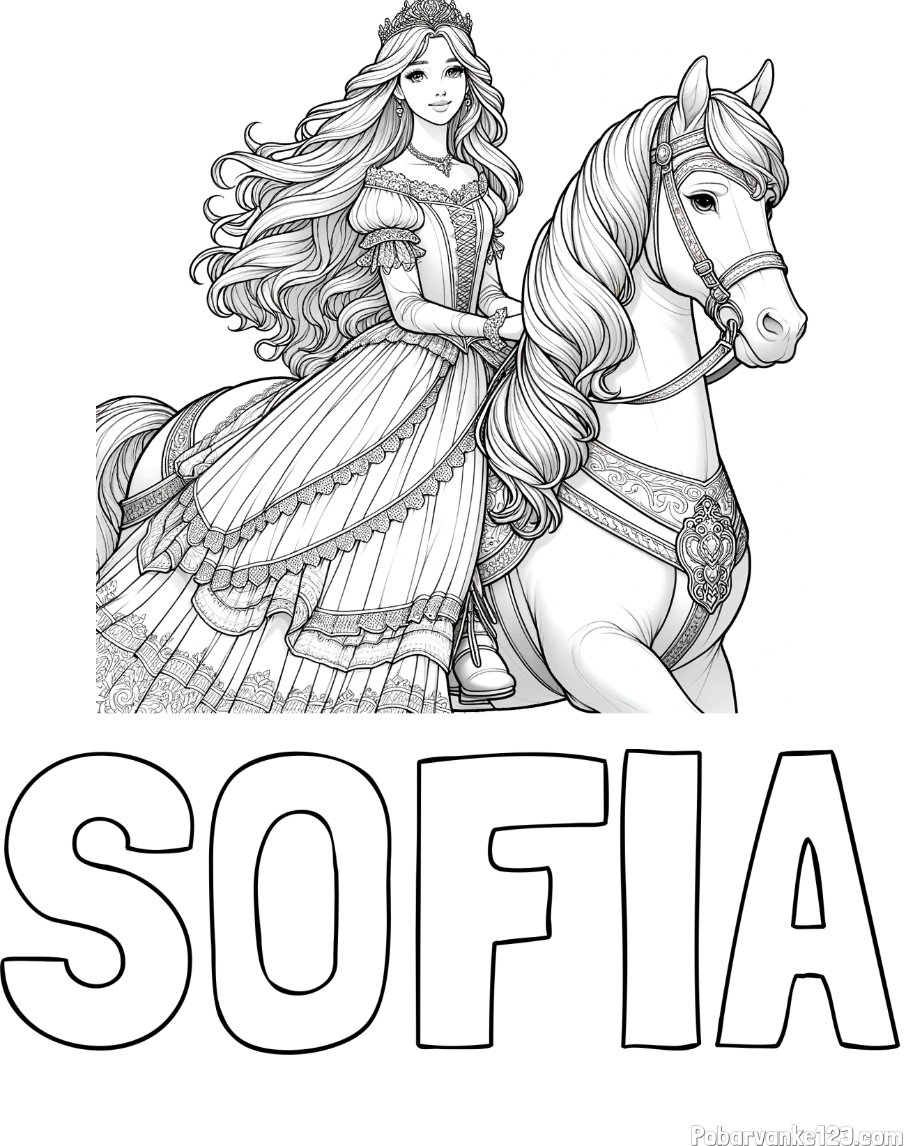 Pobarvanka imena SOFIA in pobarvanka nasmejana princese na konju