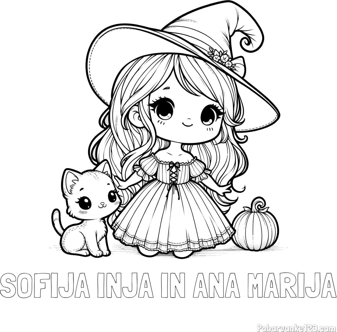 Pobarvanka imena SOFIJA INJA IN ANA MARIJA in pobarvanka ljubke čarovnice, muce in buče