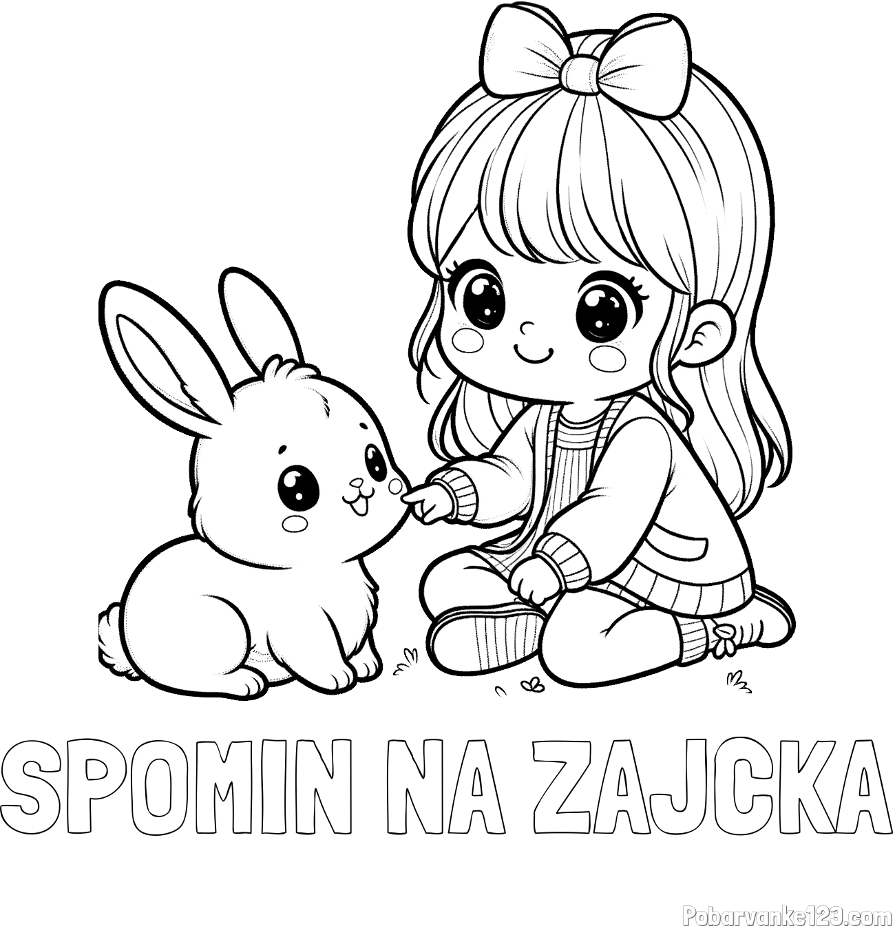 Pobarvanka imena SPOMIN NA ZAJČKA in pobarvanka ljubke punčke, ki se igra z zajčkom