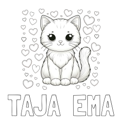 Online izdelana pobarvanka - Pobarvanka imena TAJA  EMA in pobarvanka ljubke mucke obdane s srčki