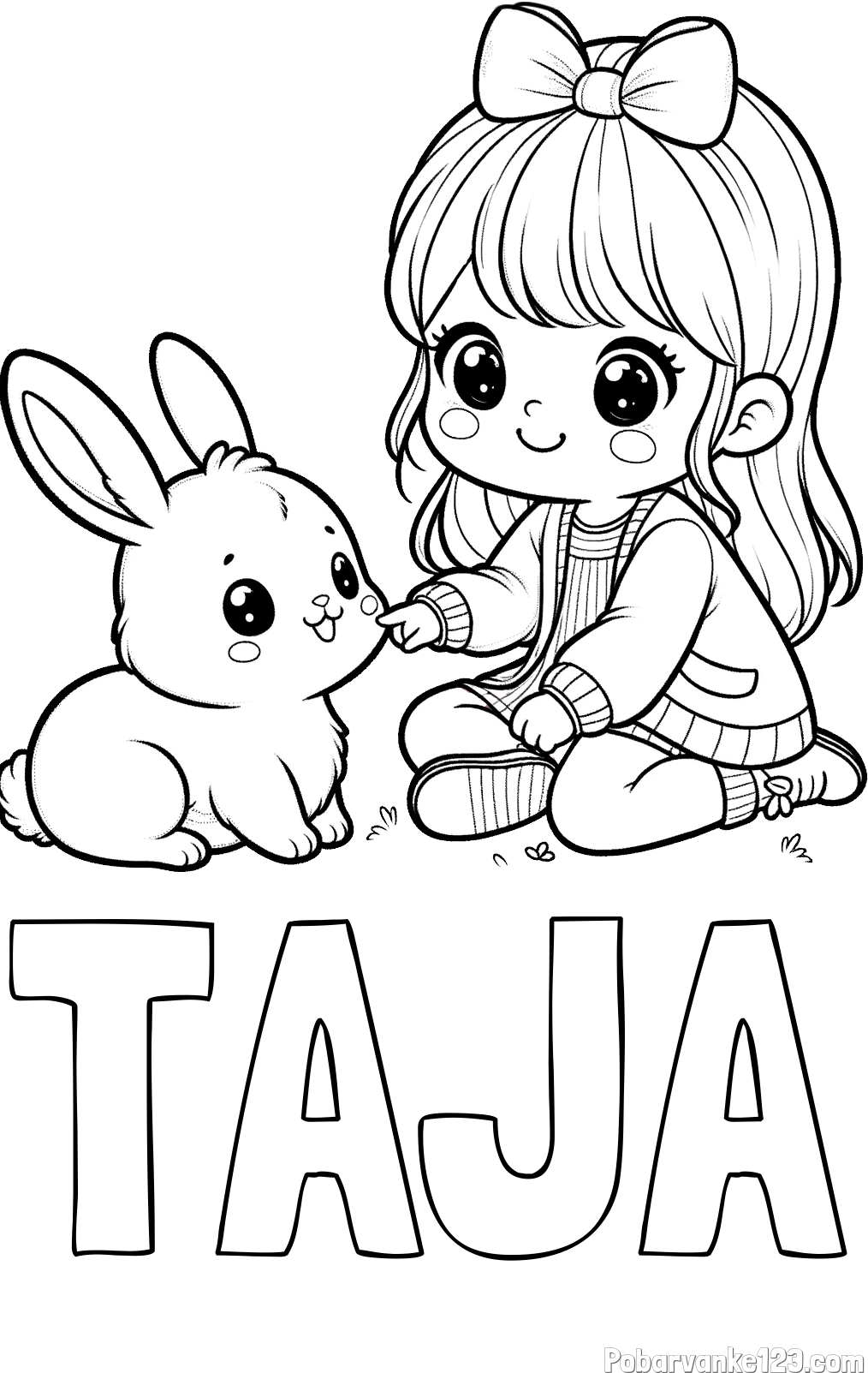 Pobarvanka imena TAJA in pobarvanka ljubke punčke, ki se igra z zajčkom