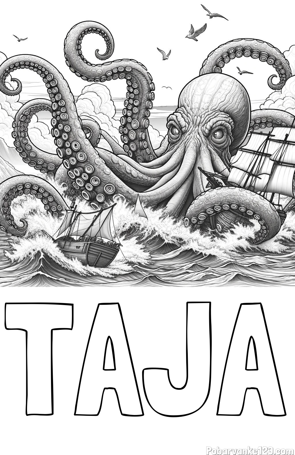 Pobarvanka imena TAJA in pobarvanka orjaške hobotnice, ki je napadla veliko gusarsko ladjo