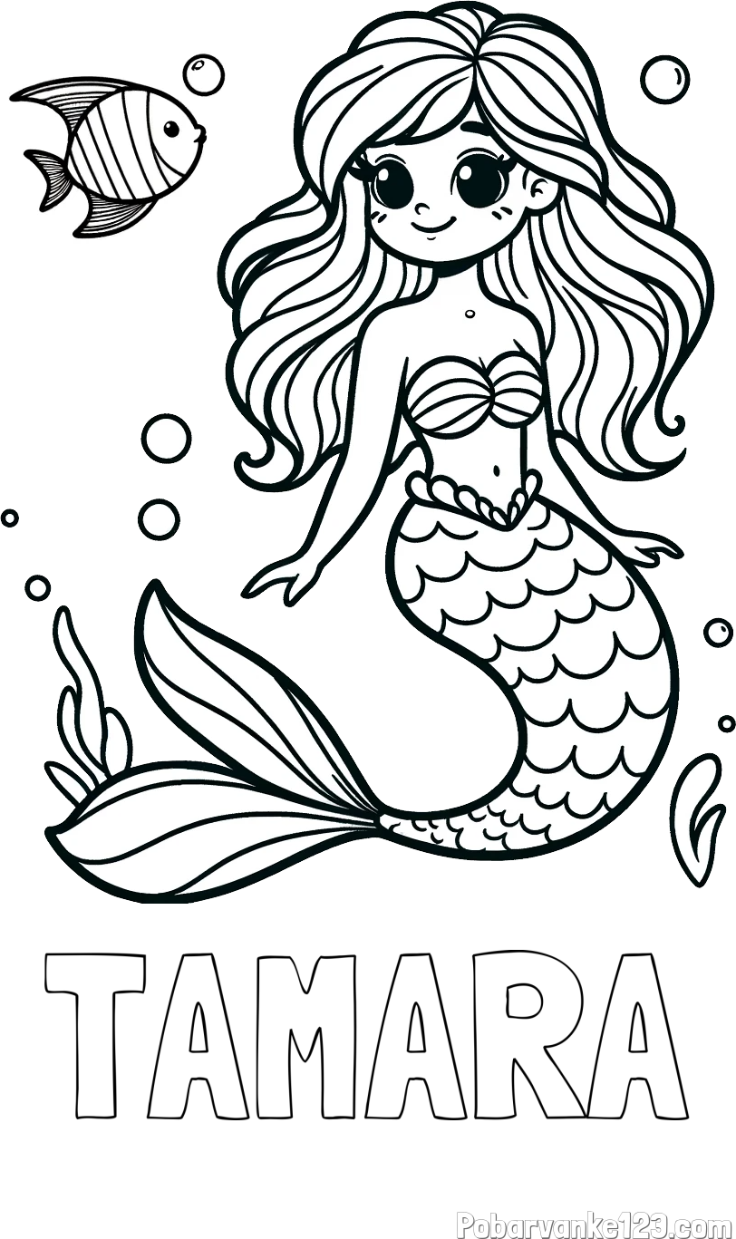 Pobarvanka imena TAMARA in pobarvanka male morske deklice in ribice