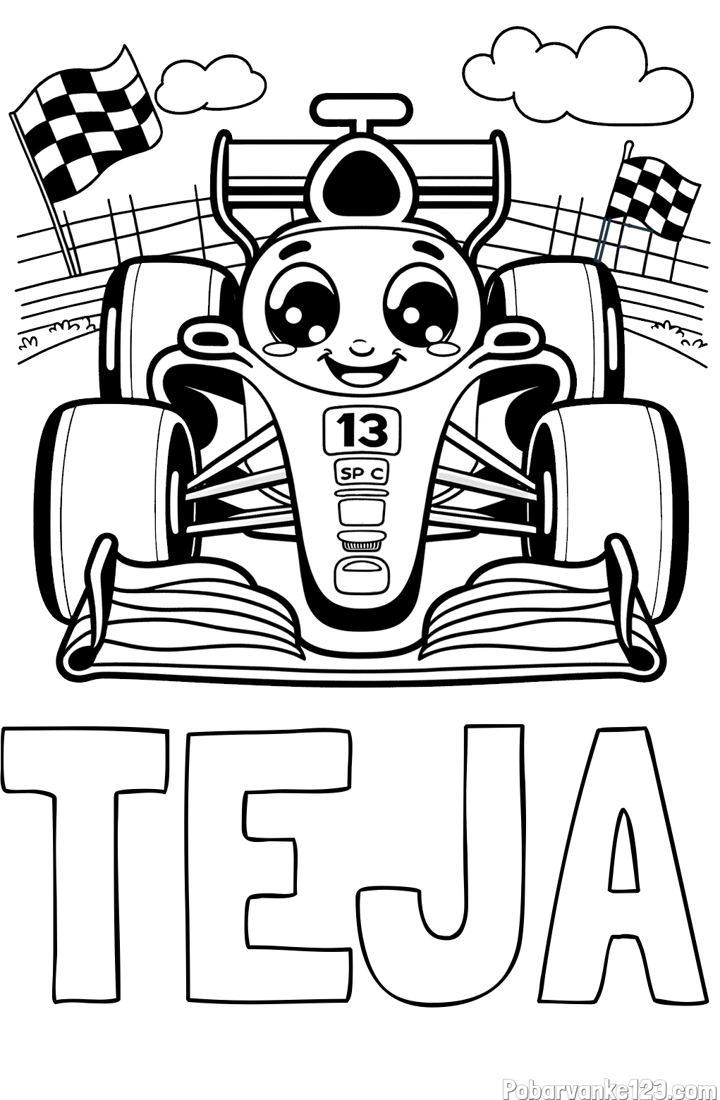 Pobarvanka imena TEJA in otroška pobarvanka FORMULA 1