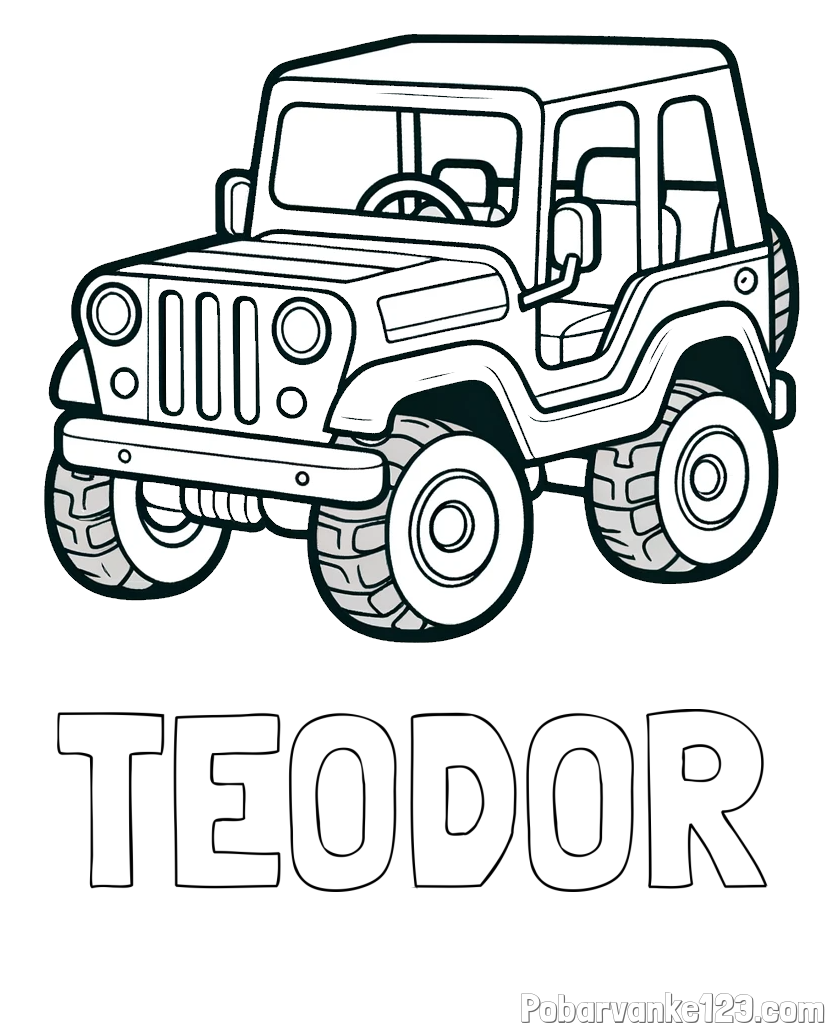 Pobarvanka imena TEODOR in preprosta pobarvanka jeep-a