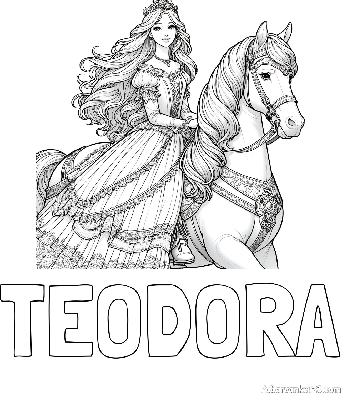 Pobarvanka imena TEODORA in pobarvanka nasmejana princese na konju