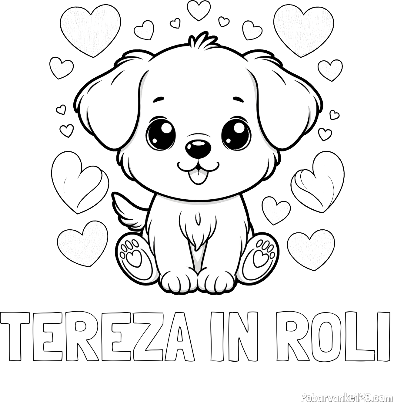 Pobarvanka imena TEREZA IN ROLI in pobarvanka ljubkega kužka obdanega s srčki