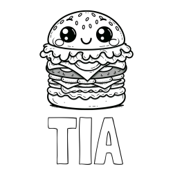 Online izdelana pobarvanka - Pobarvanka imena TIA in otroška pobarvanka nasmejanega hamburgerja