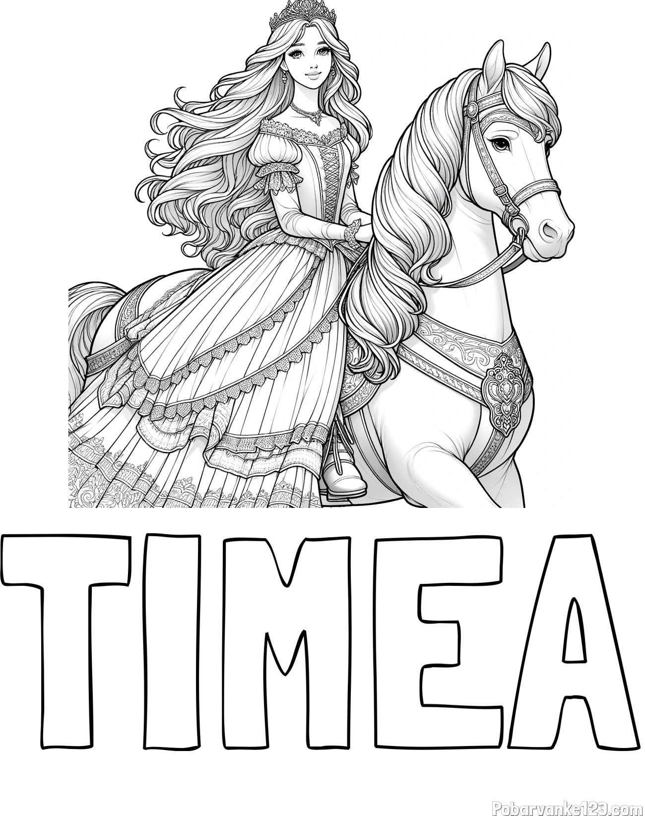 Pobarvanka imena TIMEA in pobarvanka nasmejana princese na konju