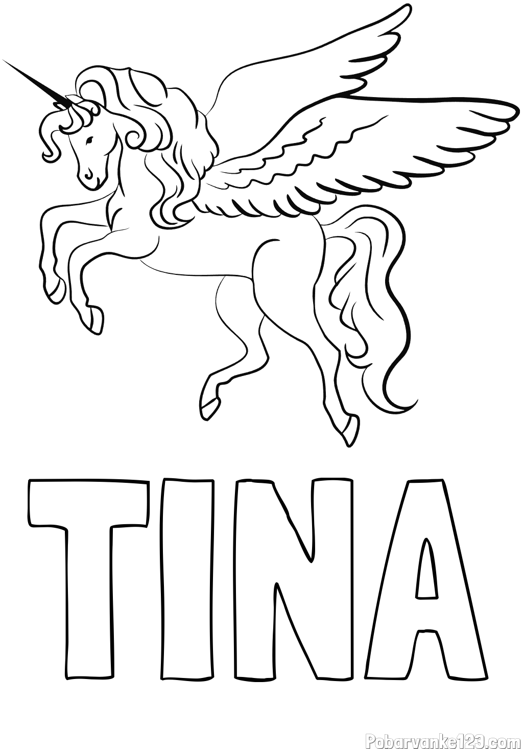 Pobarvanka imena TINA in lepa pobarvanka samoroga