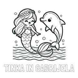 Online izdelana pobarvanka - Pobarvanka imena TINKA IN GABRIJELA in pobarvanka ljubke morske deklice, ki pleše z delfinom