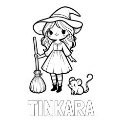 Online izdelana pobarvanka - Pobarvanka imena TINKARA in pobarvanka čarovnice z metlo in miško