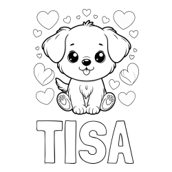 Online izdelana pobarvanka - Pobarvanka imena TISA in pobarvanka ljubkega kužka obdanega s srčki