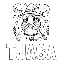 Online izdelana pobarvanka - Pobarvanka imena TJAŠA in pobarvanka prikupne čarovnice