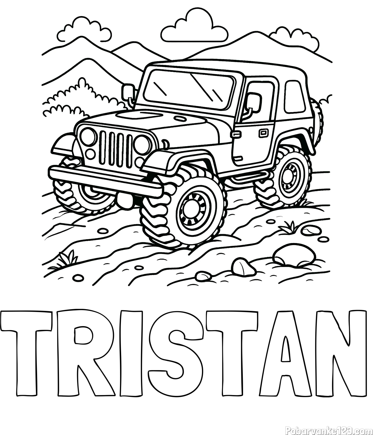 Pobarvanka imena TRISTAN in pobarvanka džipa na terenu