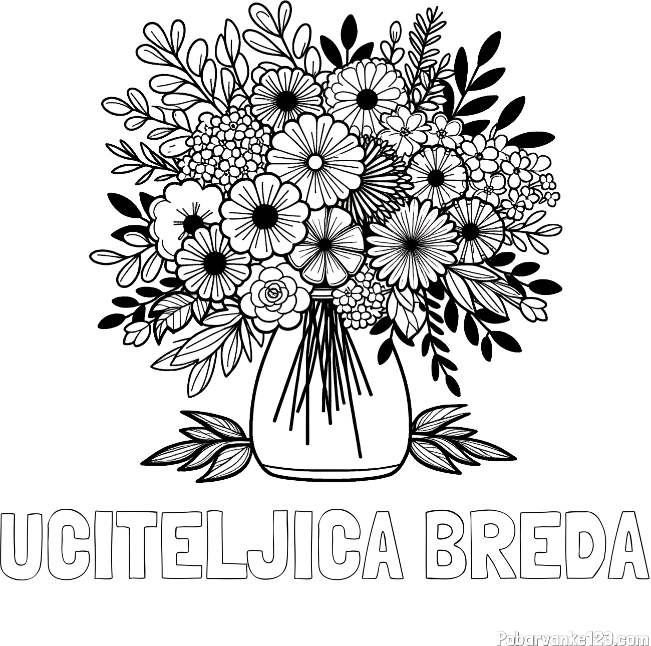 Pobarvanka imena UČITELJICA BREDA in pobarvanka veliekga šopka rož