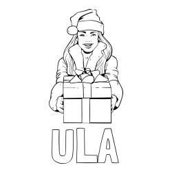 Online izdelana pobarvanka - Pobarvanka imena ULA in pobarvanka ženske oblečene v Božička z darilom