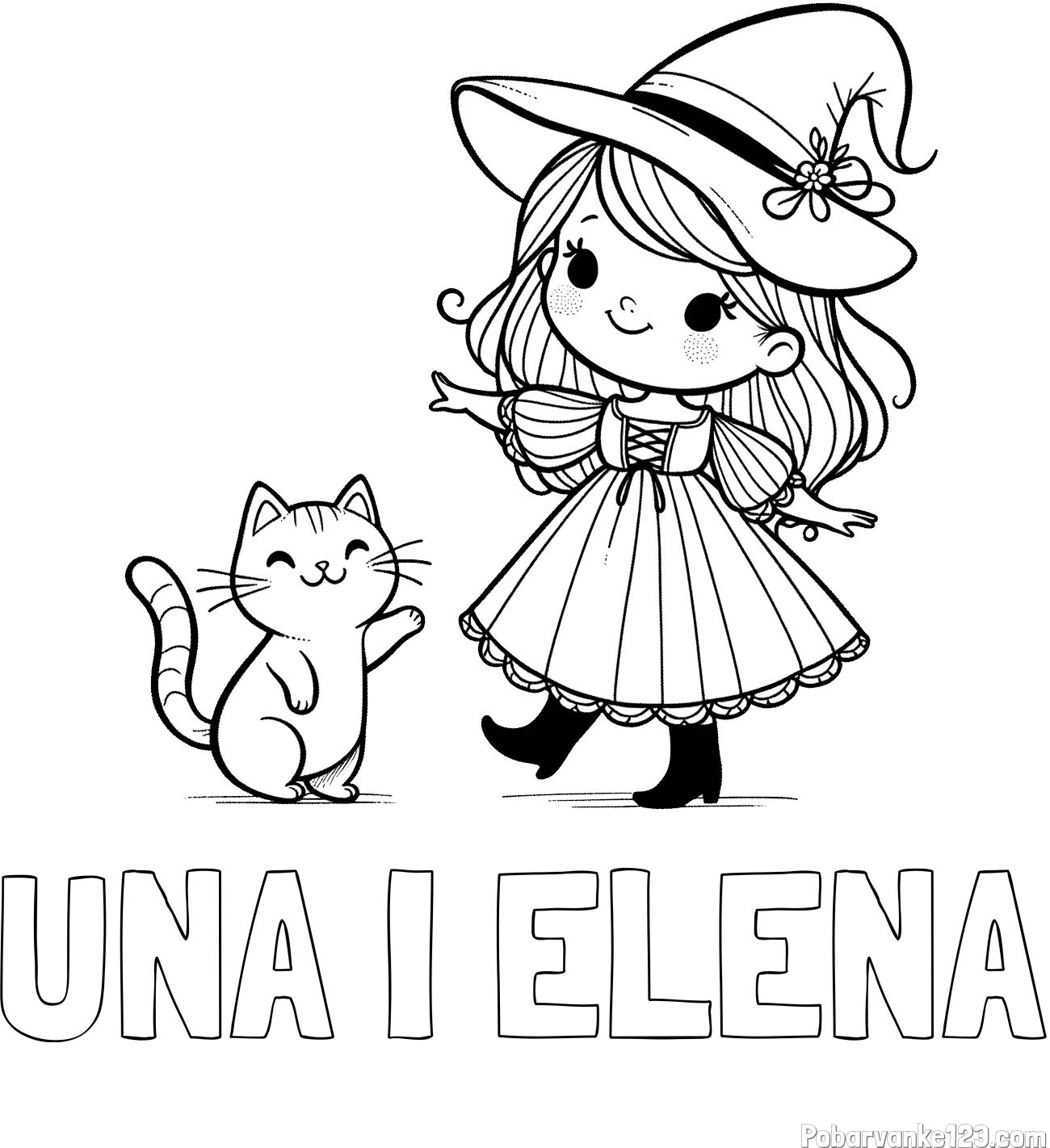 Pobarvanka imena UNA I ELENA in pobarvanka ljubke čarovnice ter podrednega mačka
