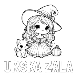 Online izdelana pobarvanka - Pobarvanka imena URŠKA ZALA in pobarvanka ljubke čarovnice, muce in buče