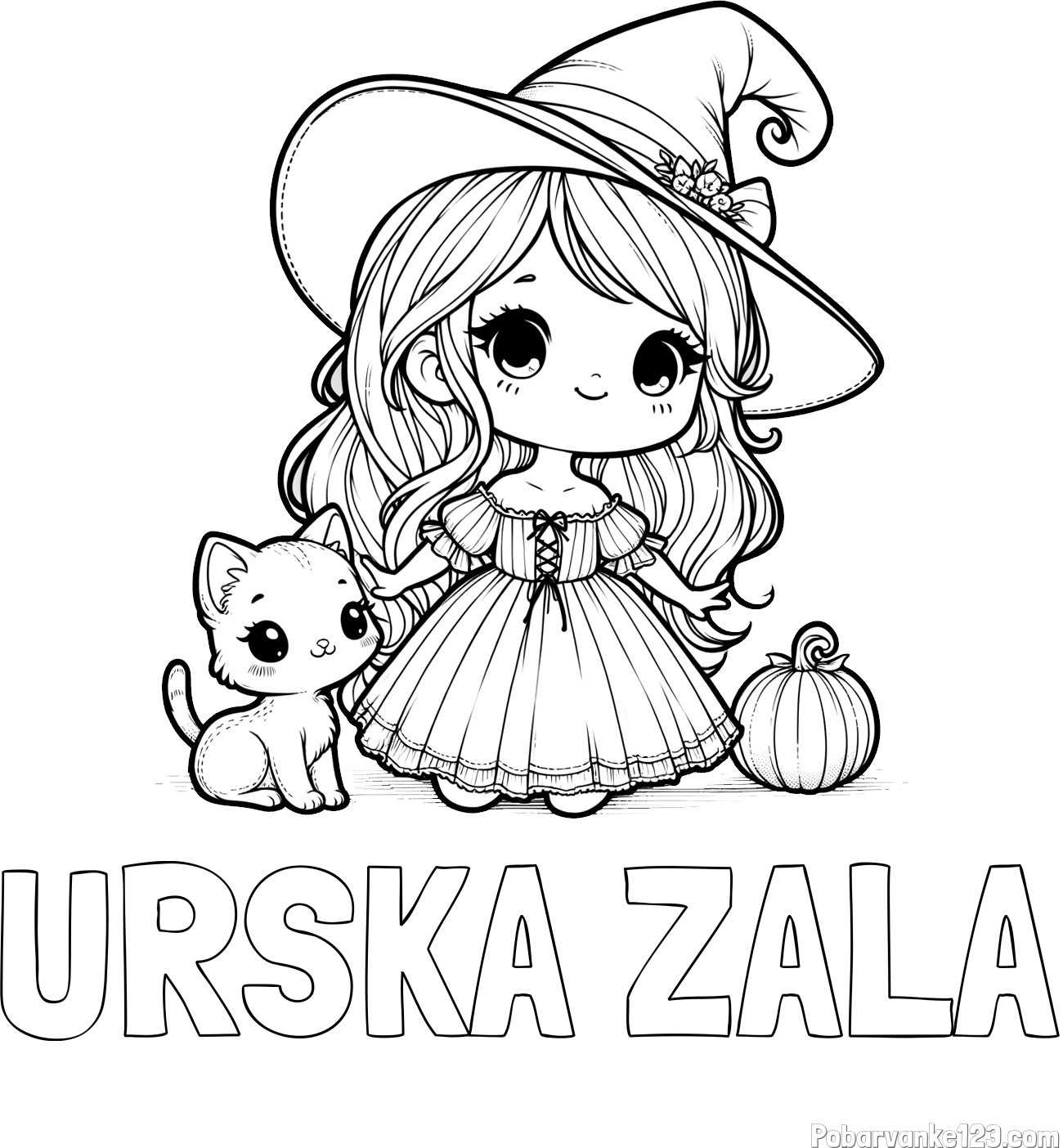 Pobarvanka imena URŠKA ZALA in pobarvanka ljubke čarovnice, muce in buče