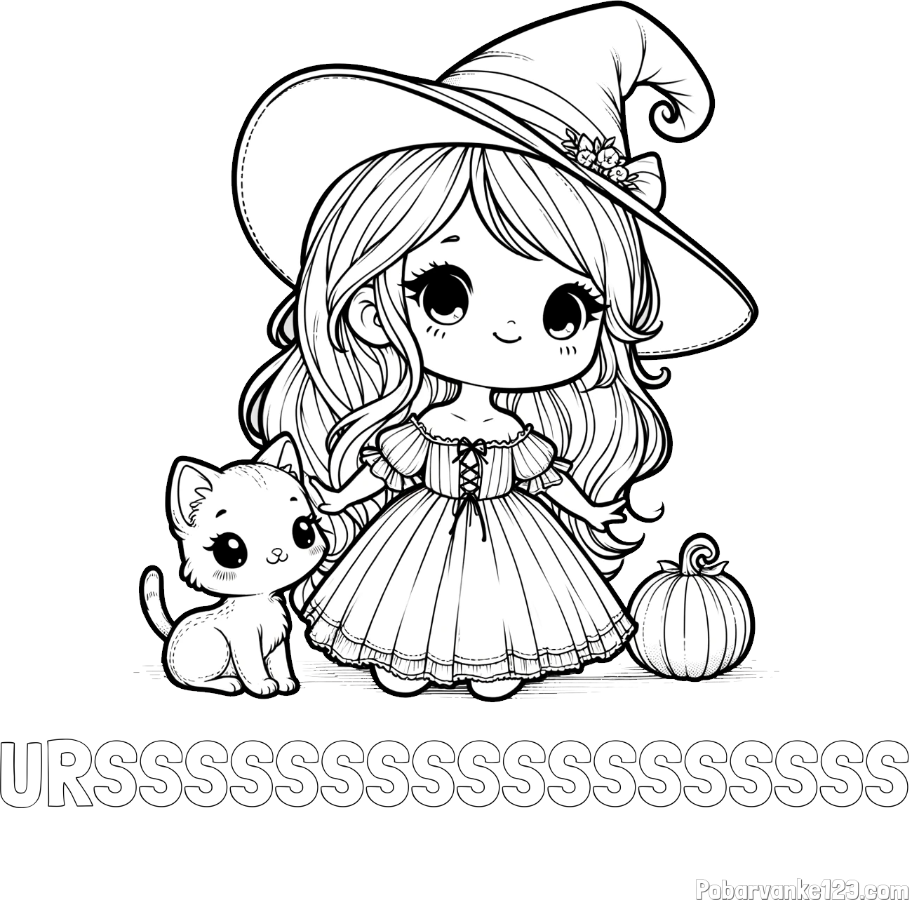 Pobarvanka imena URSSSSSSSSSSSSSSSSSS in pobarvanka ljubke čarovnice, muce in buče