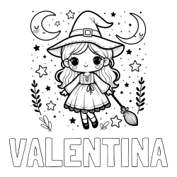 Online izdelana pobarvanka - Pobarvanka imena VALENTINA in pobarvanka prikupne čarovnice