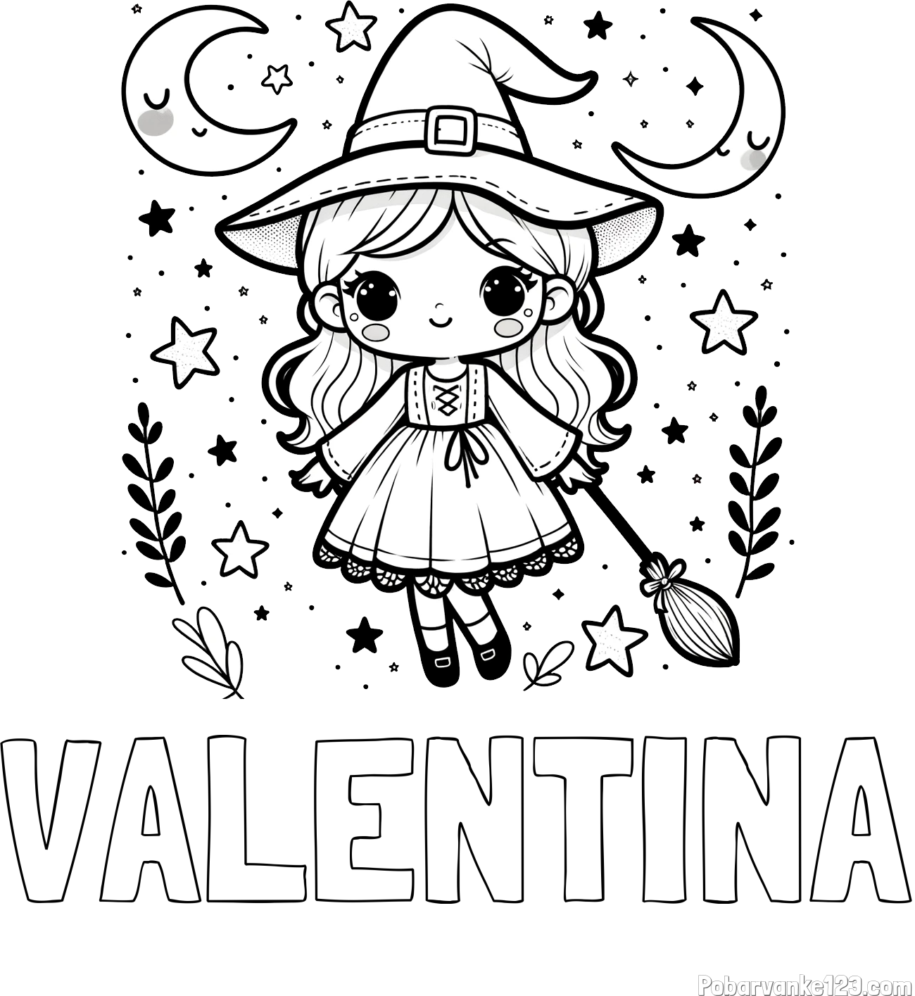 Pobarvanka imena VALENTINA in pobarvanka prikupne čarovnice