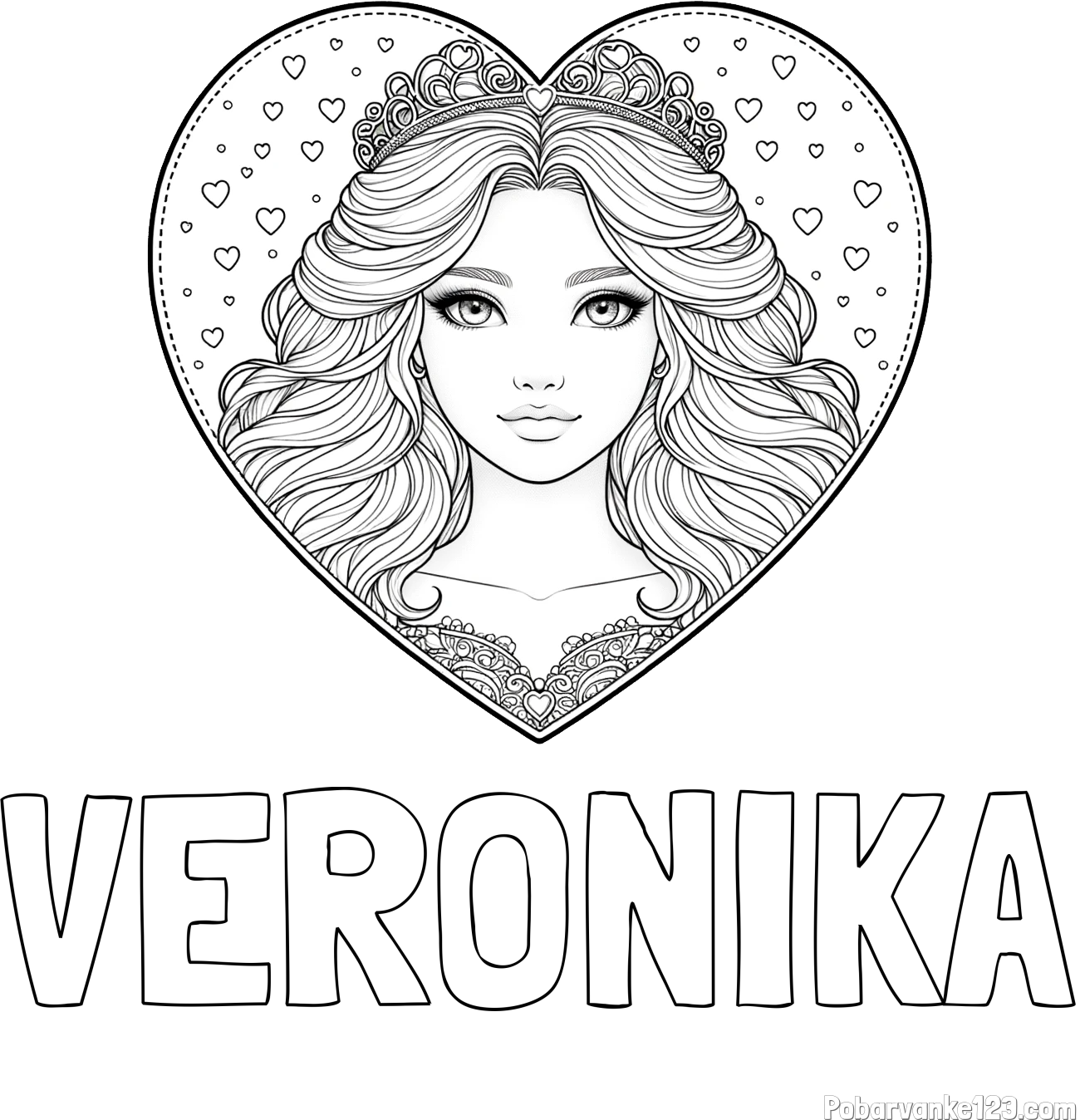 Pobarvanka imena VERONIKA in pobarvanka ljubke princese v srčku