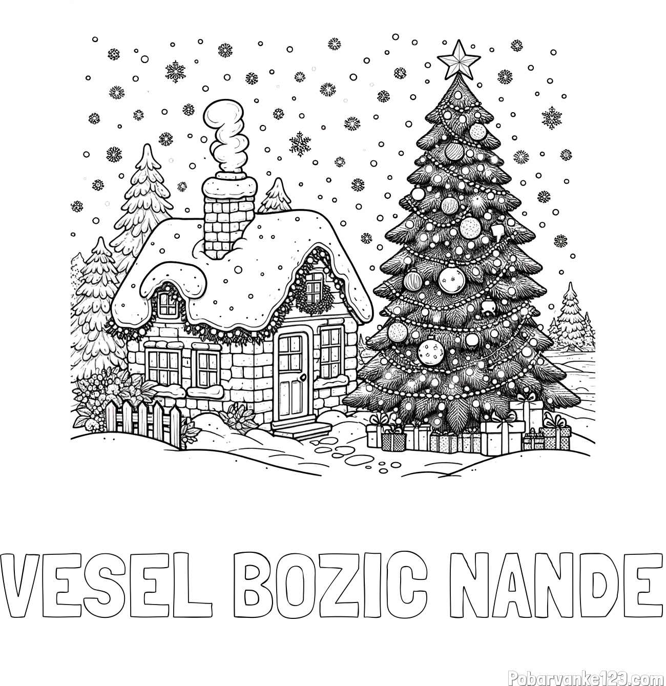 Pobarvanka imena VESEL BOŽIČ NANDE in pobarvanka zasnežene hiške na božično noč