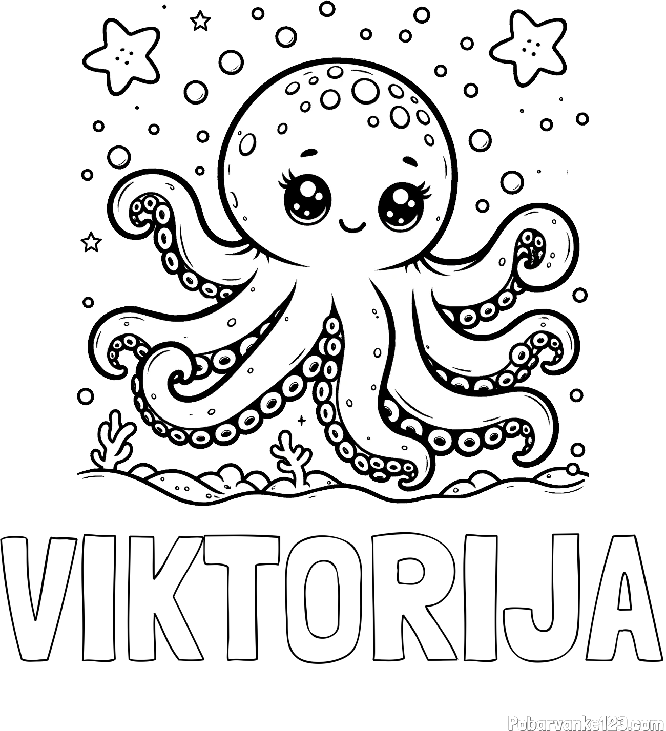 Pobarvanka imena VIKTORIJA in pobarvanka hobotnice v morju obdane z morskimi zvezdami