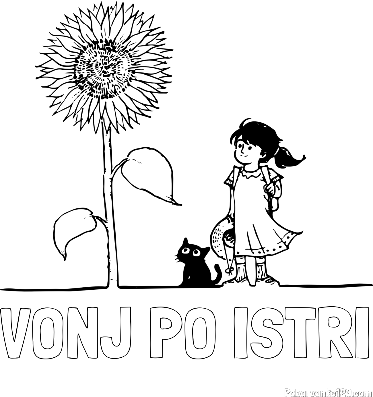 Pobarvanka imena VONJ PO ISTRI in pobarvanka velike sončnice, deklice in ljubkega mačka