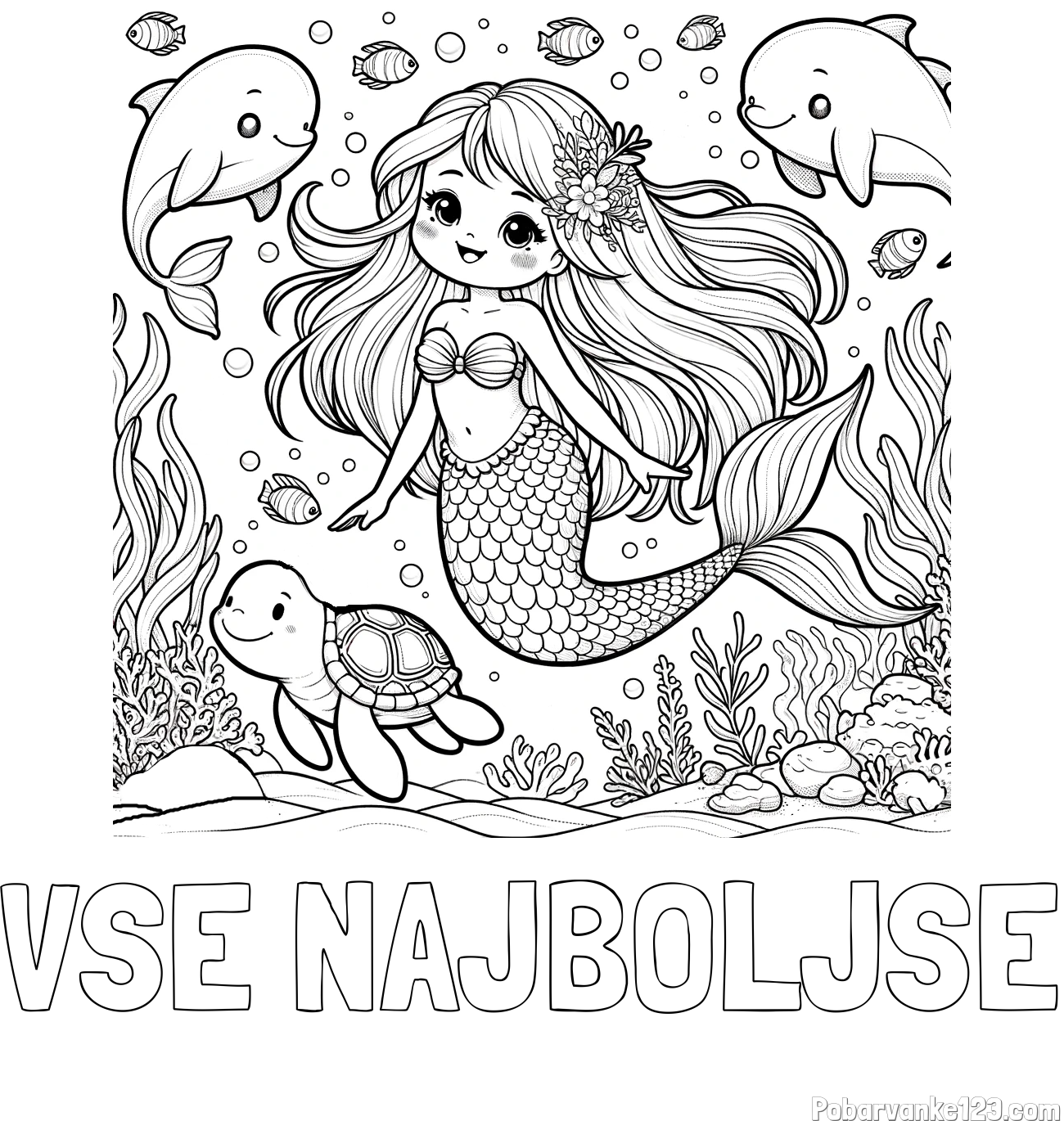 Pobarvanka imena VSE NAJBOLJŠE in pobarvana ljubke morske deklice s prijatelji