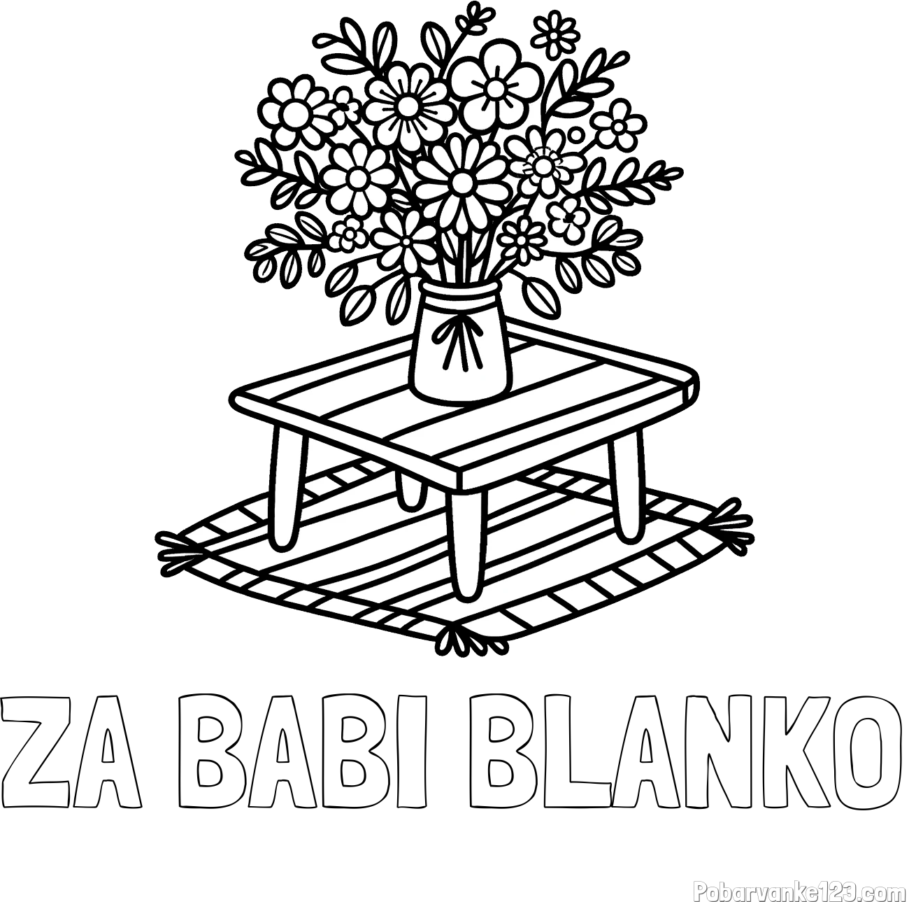 Pobarvanka imena ZA BABI BLANKO in pobarvanka šopka rož na mizi