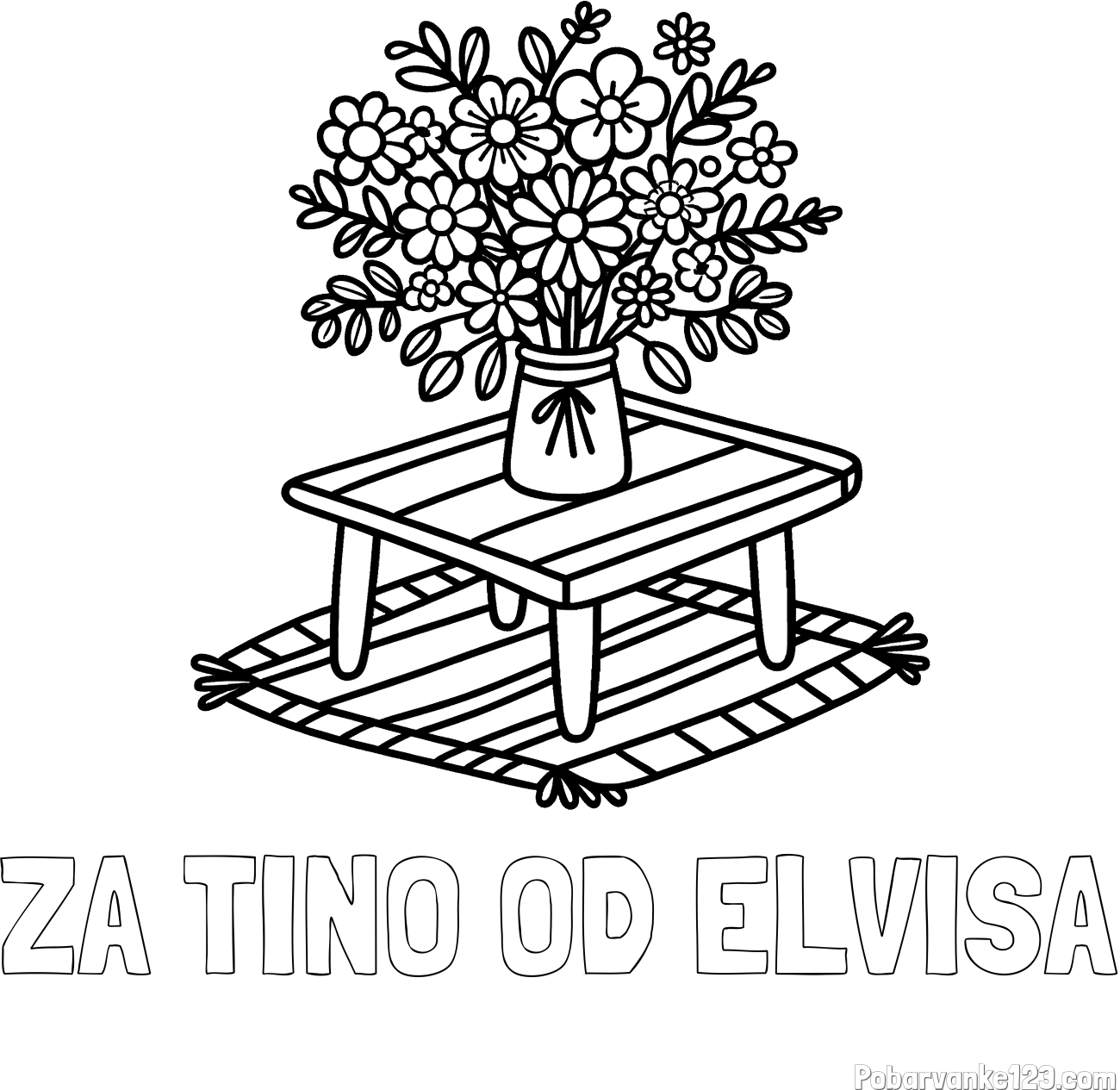 Pobarvanka imena ZA TINO OD ELVISA in pobarvanka šopka rož na mizi