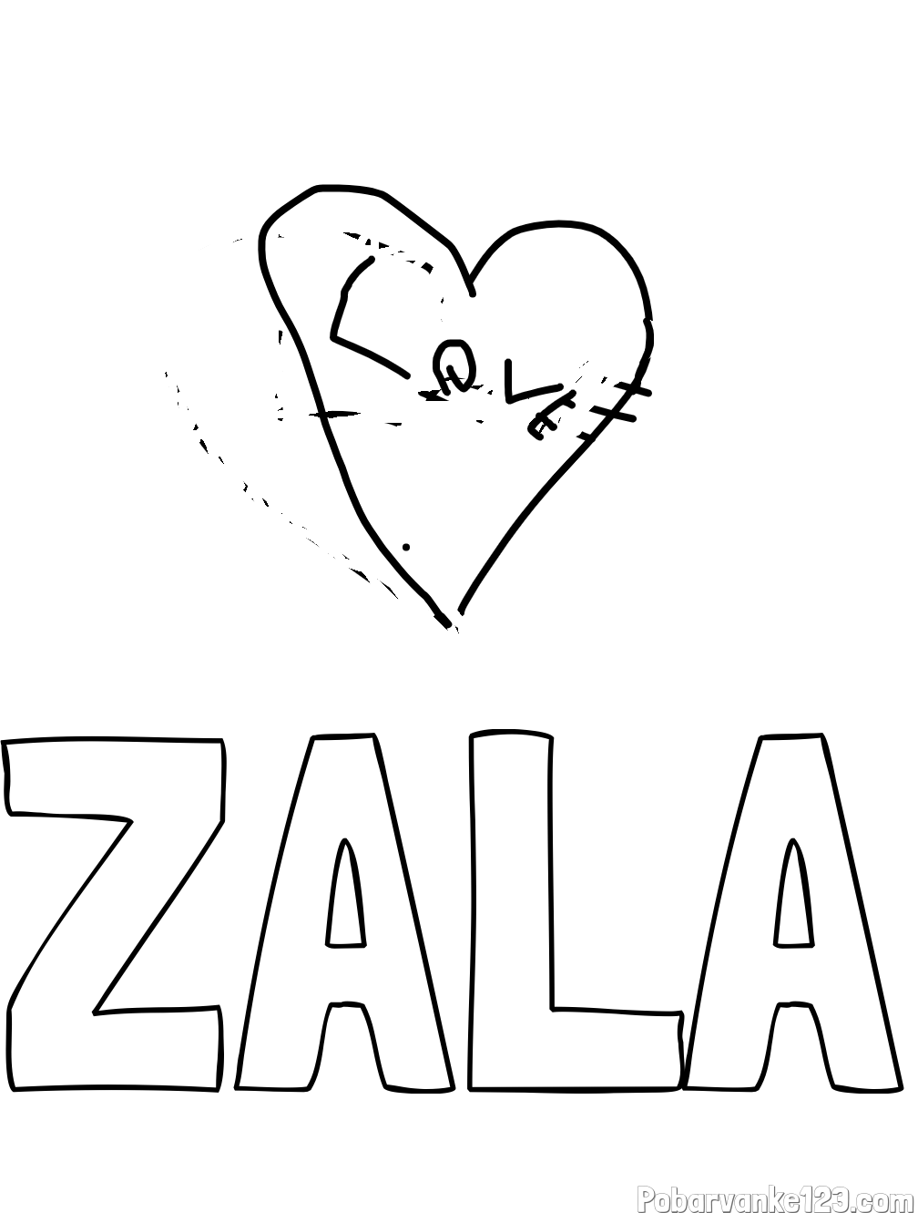 Pobarvanka imena ZALA in srce z napisom love