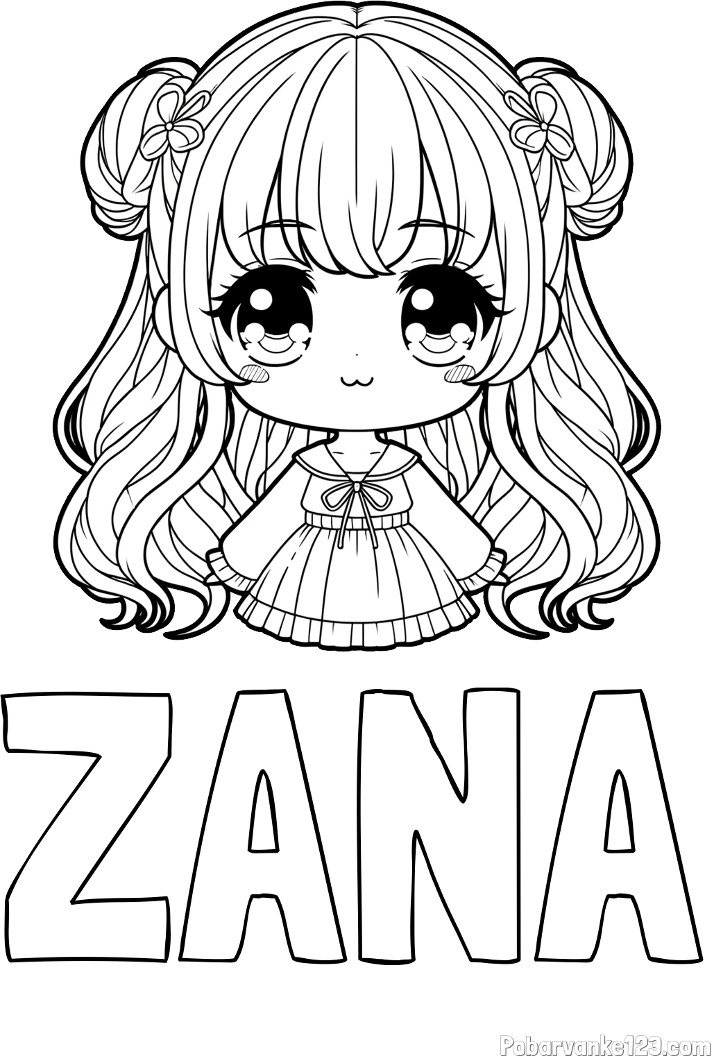 Pobarvanka imena ŽANA in pobarvanka prikupne punčke v anime slogu