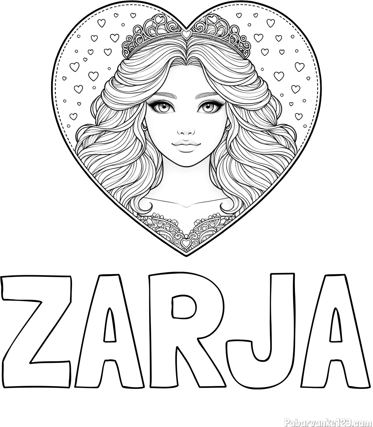Pobarvanka imena ZARJA in pobarvanka ljubke princese v srčku
