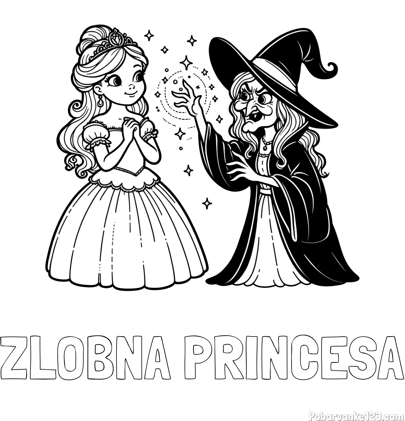 Pobarvanka imena ZLOBNA PRINCESA in pobarvanka zlobne čarovnice, ki poskuša začarati princesko