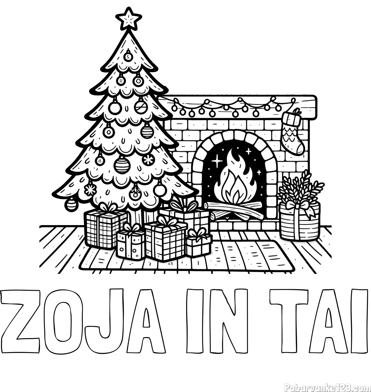 Pobarvanka imena ZOJA IN TAI in pobarvanka božične noči z božično smrečico, darili ter kaminom