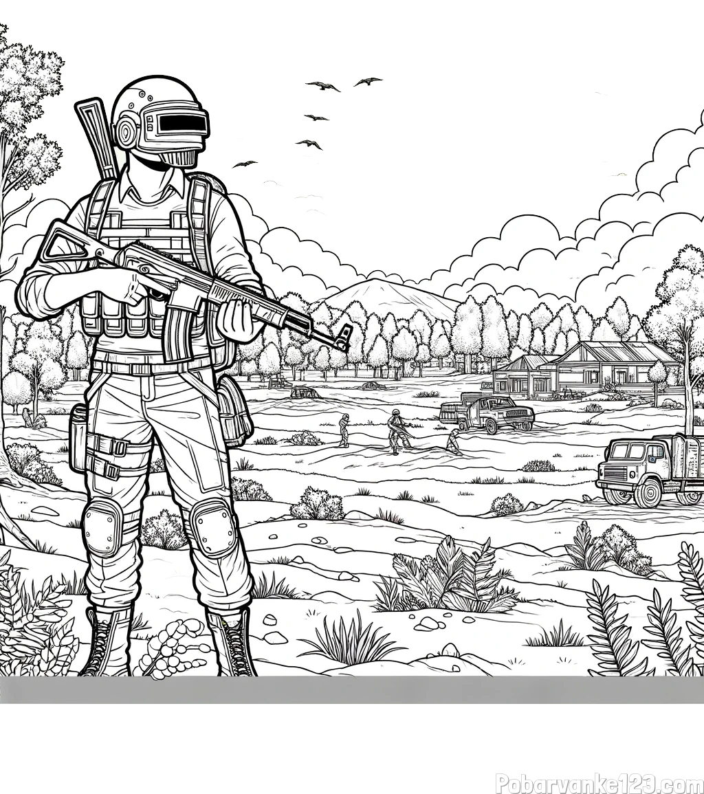 PUBG pobarvanka z glavnim likom v ospredju